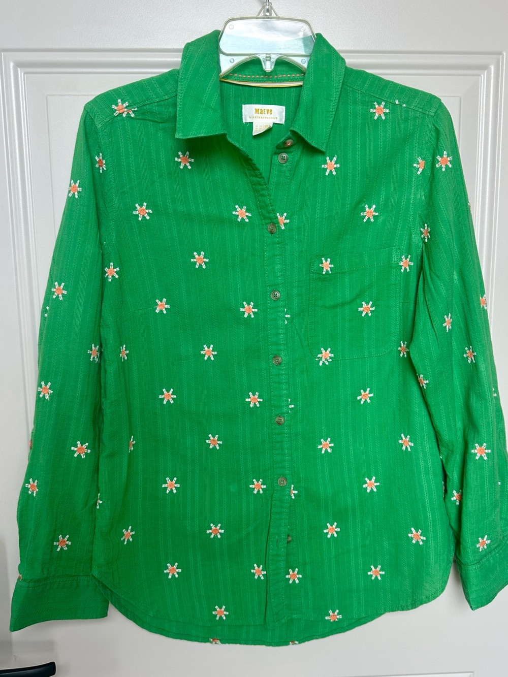 Anthropologie Maeve Bright Green Button Down with Detail